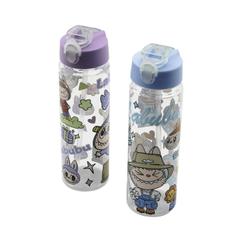 Labubu Çocuk Çizgi Film Karakter Resimli Su Matarası Şeffaf Plastik Pipetli Kilitli Kapak (4915) Go-53-vice/(1395)