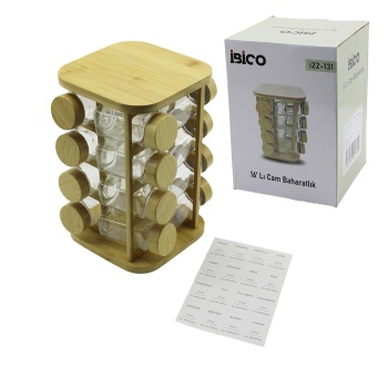 16pcs Kare - Döner Standlı Cam - Bambu Kapak Tuzluk - Baharatlık Bambu Stand (4915) Go-53-vice/(1395)