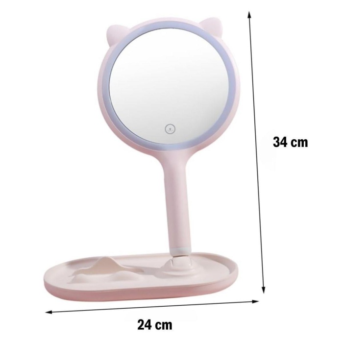 Kedi Kulaklı Telefon Standlı Yuvarlak Dokunmatik Led Ayarlı Masa Üstü Makyaj Aynası (4915) Go-53-vice/(1395)