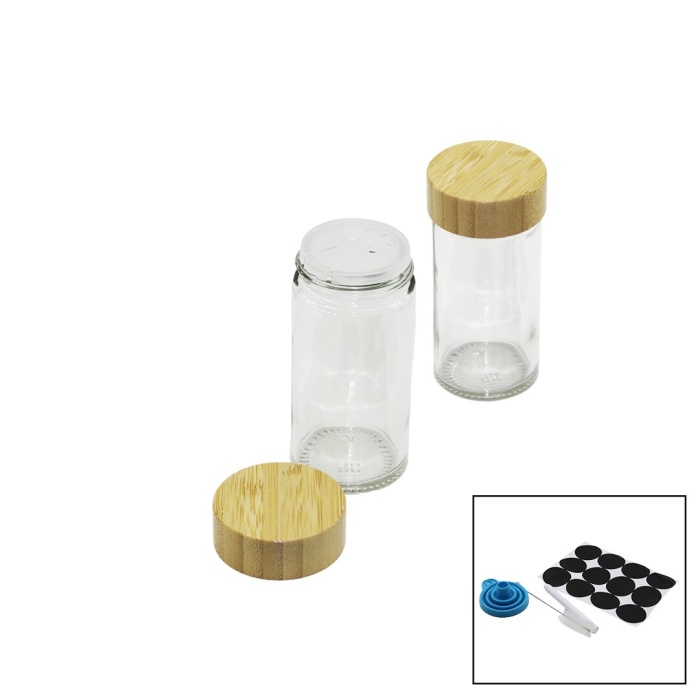 12 Pcs Takım Yuvarlak Cam Baharatlık - Tuzluk Bambu Kapaklı (4915) Go-53-vice/(1395)