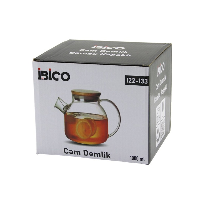 1000ml Sade Düz Cam Demlik  Bambu Dış Yüzey - Metal İç Yüzey - Silikon Contalı Kapak (4915) Go-53-vice/(1395)