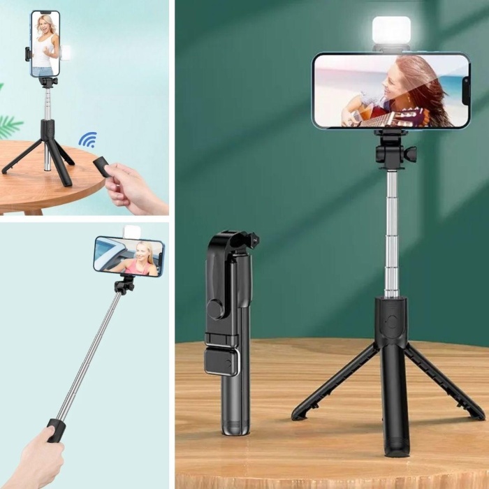Kendiliğinden Işıklı Masaüstü Tripod Olabilen Telefon Tutuculu Kablosuz Kumandalı Selfie Çubuğu (4915) Go-53-vice/(1395)