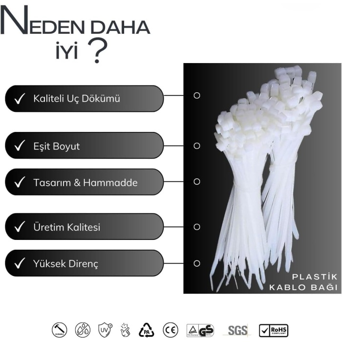 100 Adet Plastik Cırt Kelepçe Kablo Bağı Kablo Düzenleyici- 3.6 X 150 Mm (4915) Go-53-vice/(1395)