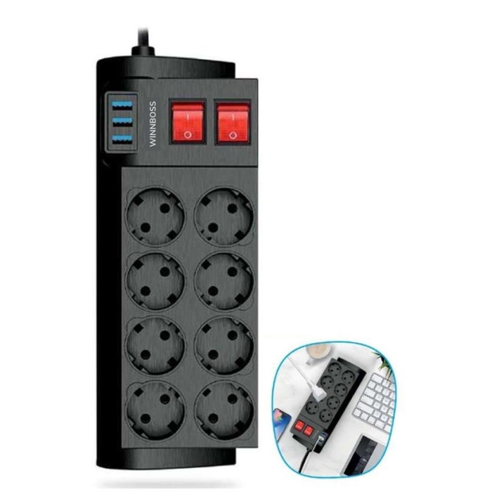 Isıya Dayanıklı Termal Akım Korumalı 2 Metre 16a 4000w 8li Priz Ve 3 Usb Li Uzatma Kablosu (4915) Go-53-vice/(1395)