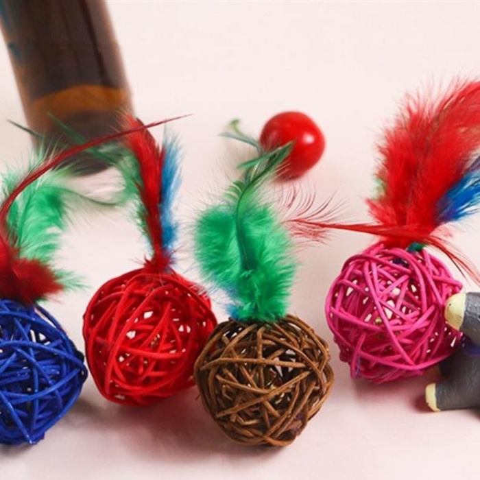 2li Rattan Renkli Peluş Tüy Kedi Köpek Oyuncak Yakalama Çiğneme Çıngıraklı Top Oyuncağı (4915) Go-53-vice/(1395)