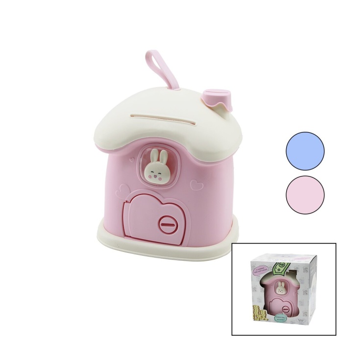 Büyük=18x16x18cm Ev Modeli Kilitli Renkli Plastik Çocuk Kumbara Tavşan Figürlü (4915) Go-53-vice/(1395)
