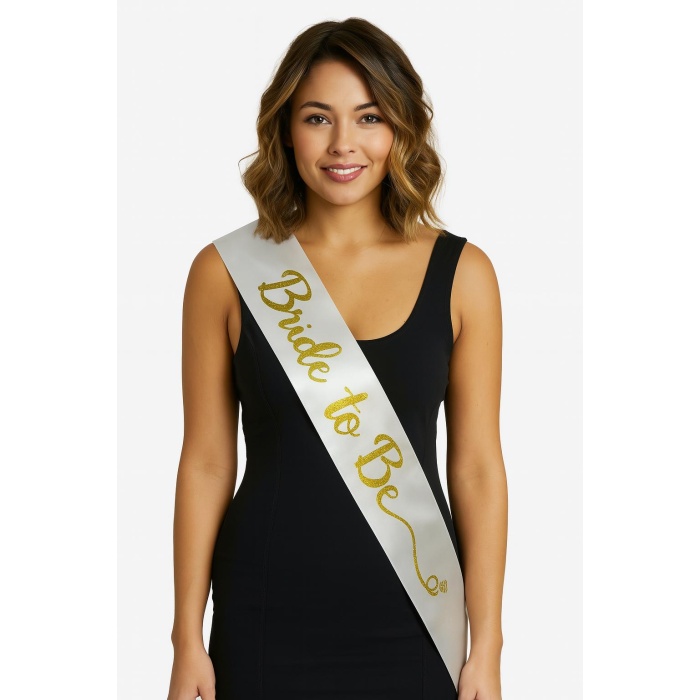 Beyaz Saten Üzerine El Yazısı İtalik Altın Bride To Be Kuşağı 10 Cm Genişlik (4915) Go-53-vice/(1395)