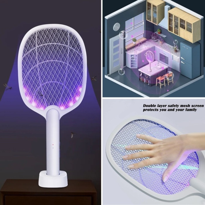 Şarjlı Sinek Öldürücü Masaüstü Standlı,mor Işık Sinek Kovucu Raket 5w (4915) Go-53-vice/(1395)