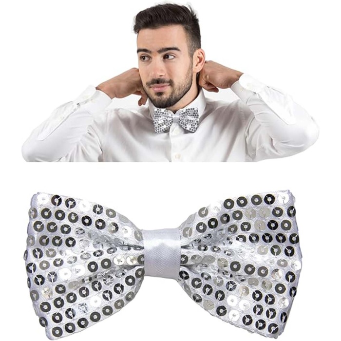 Gece Işıltısı Gümüş Payetli Pullu Papyon 7x2 Cm (4915) Go-53-vice/(1395)