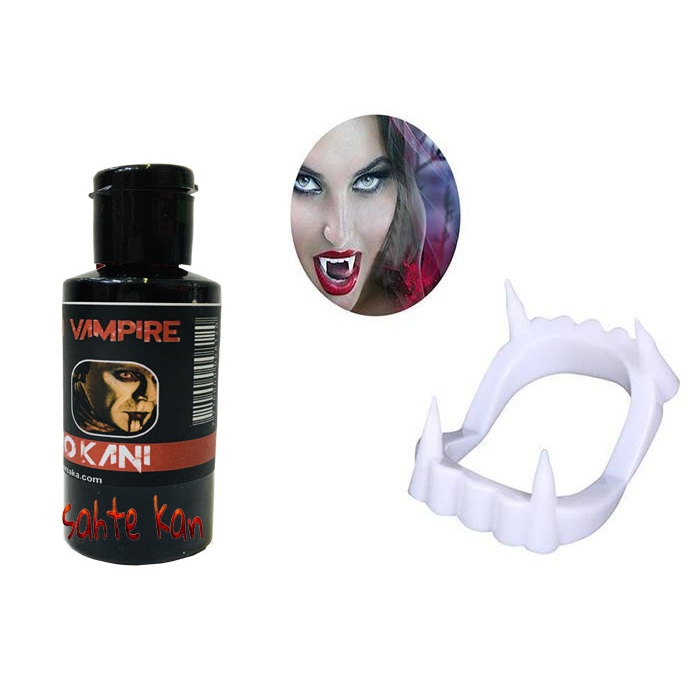 Beyaz Renk Çift Damak Takma Vampir Dişi Ve 50 Gr Tiyatro Kanı (4915) Go-53-vice/(1395)
