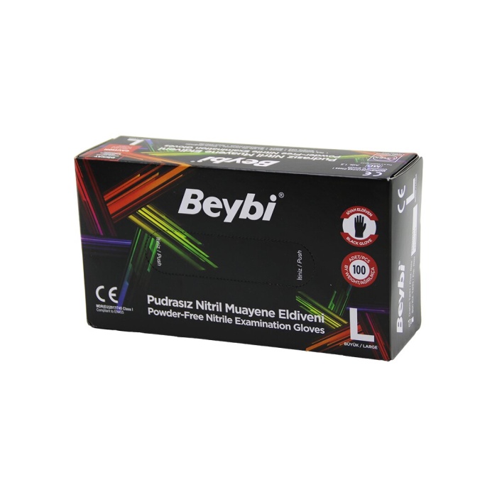 Beybi L Siyah Pudrasız Nitril Muayene Eldiveni 100lü (4915) Go-53-vice/(1395)