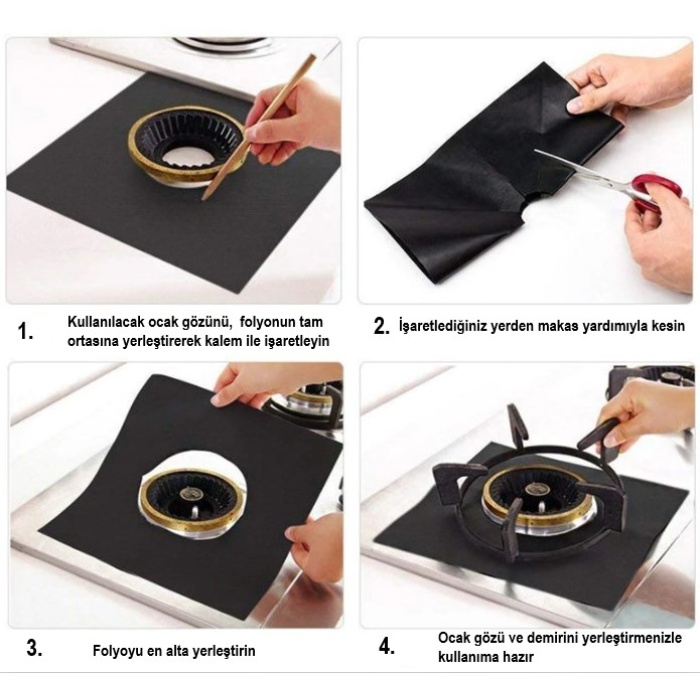 Ocak Koruyucu Folyo Yanmaz Yapışmaz 4&amp;apos;lü Set Siyah (4915) Go-53-vice/(1395)