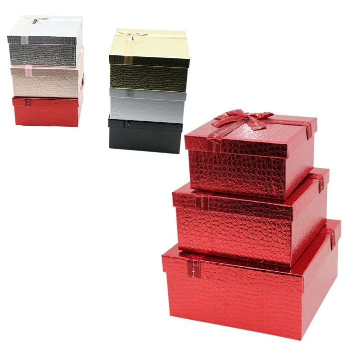 3pcs Kare Parlak Mix Renkli - Kabartma Desen Karton Hediye Kutusu Kurdelalı 25-21-17cm (4915)