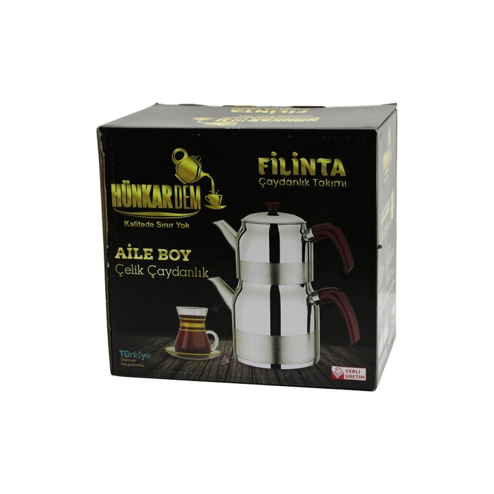 Filinta Aile Boy Çelik Çaydanlık Seti Çift Kapaklı Renkli Bakalit Kulp Üst Demlik: 1.5lt - Alt Suluk: 3lt Kendinden Süzgeçli (4915)