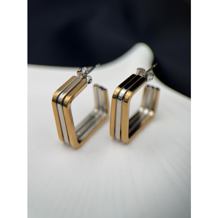 Gold & Silver Renk Kare Form Kararmaz Çelik Küpe