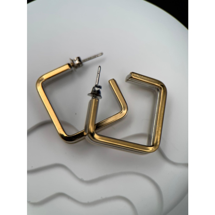 Gold & Silver Renk Kare Form Kararmaz Çelik Küpe