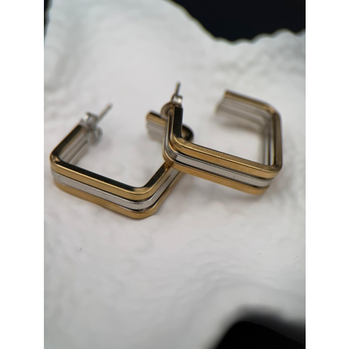 Gold & Silver Renk Kare Form Kararmaz Çelik Küpe