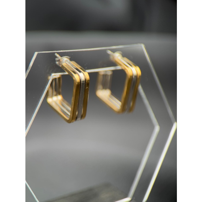 Gold & Silver Renk Kare Form Kararmaz Çelik Küpe
