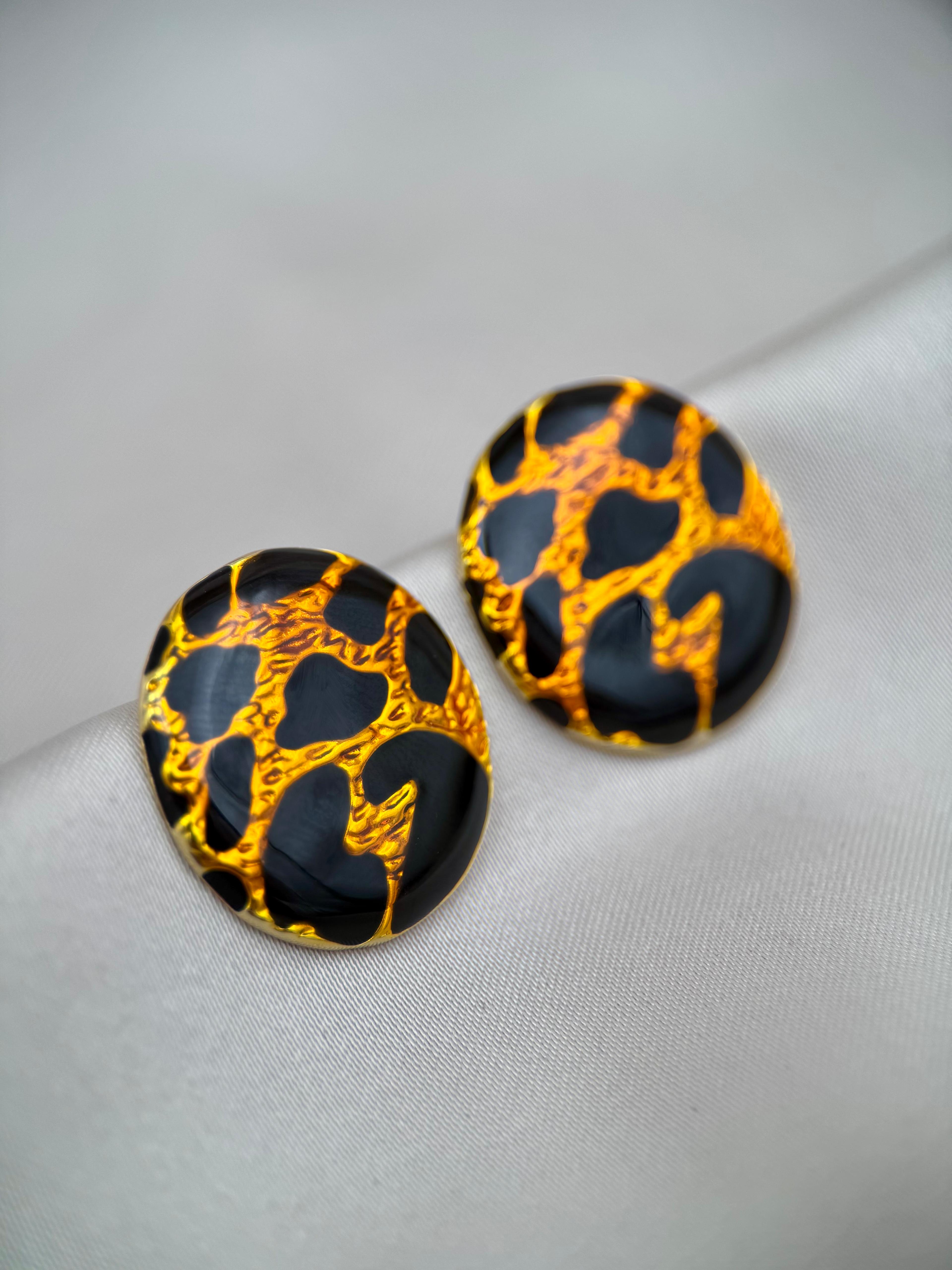 Gold Siyah Leopar Desenli Yuvarlak Küpe