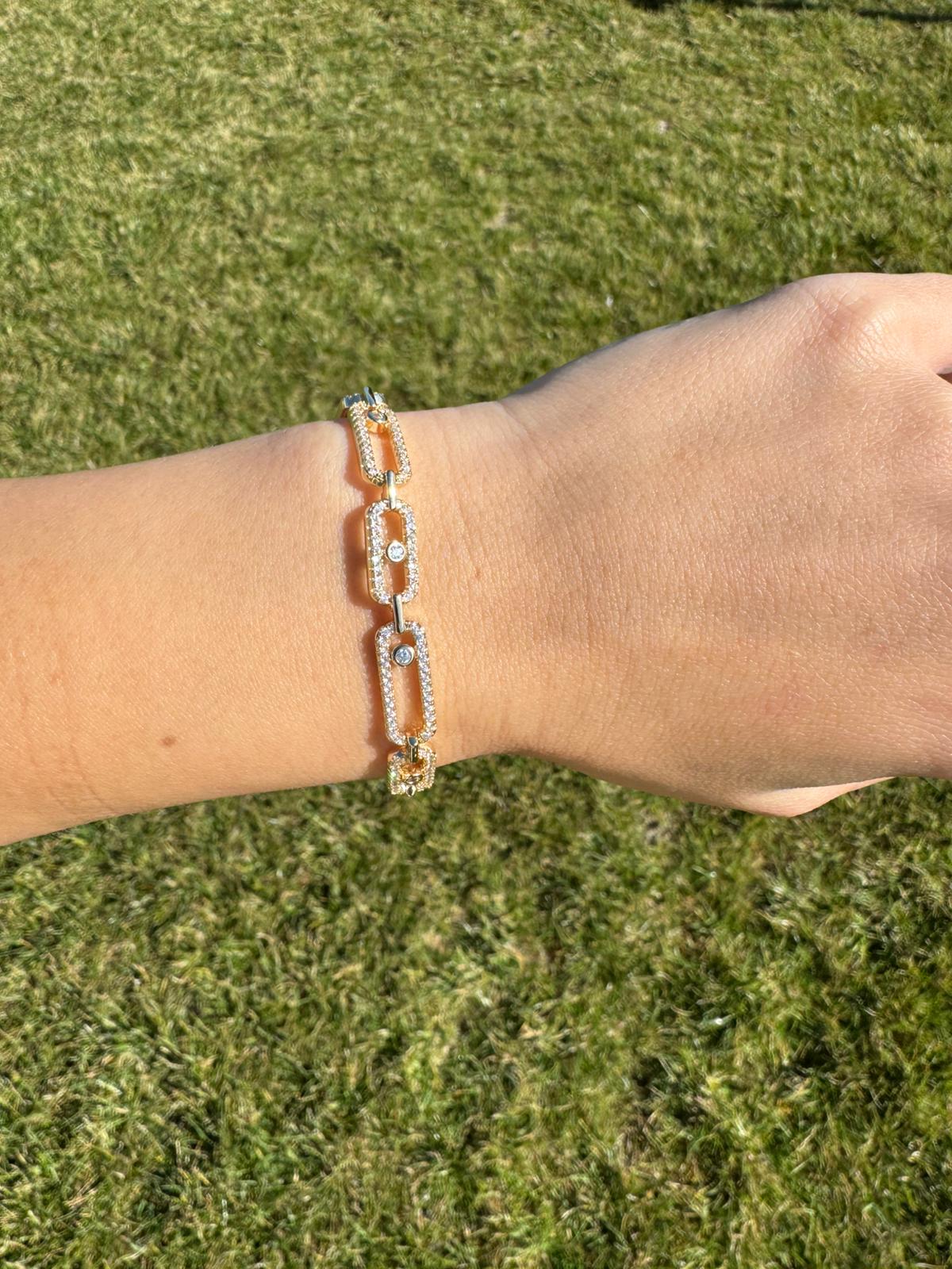 Kadın Gold Zirkon Taşlı Dikdörtgen Halkalı 17+2CM Ayarlanabilir VIP Bileklik