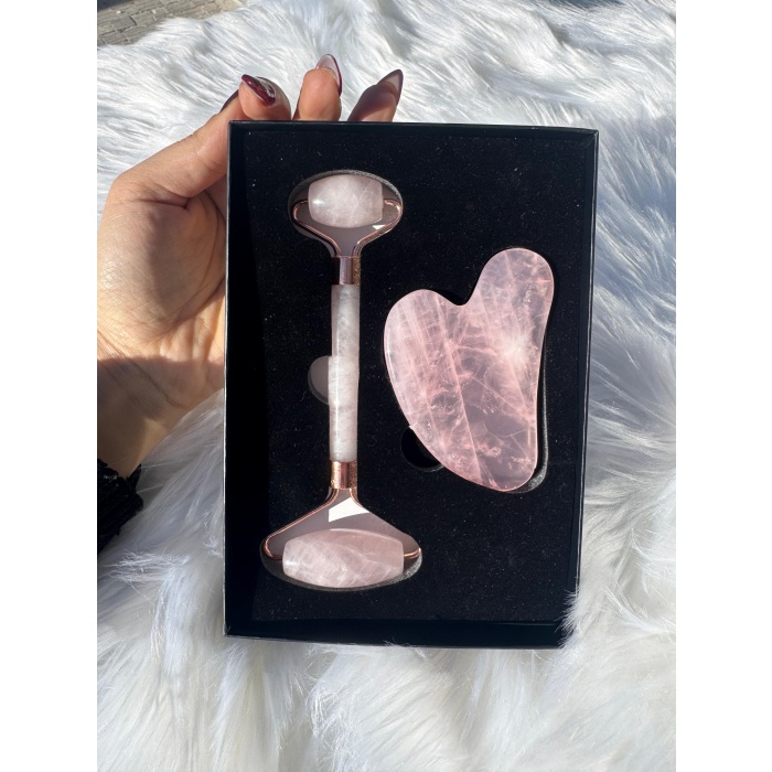 Pembe Kuvars Taşı Face Roller ve Gua Sha Seti