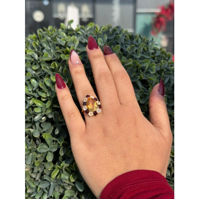 Ay Taşı, Sitrin ve Garnet 925 Ayar Gümüş Yüzük