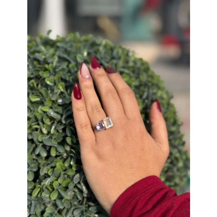 Ay Taşı ve Ametist 925 Ayar Gümüş Yüzük