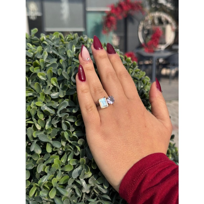 Ay Taşı ve Ametist 925 Ayar Gümüş Yüzük