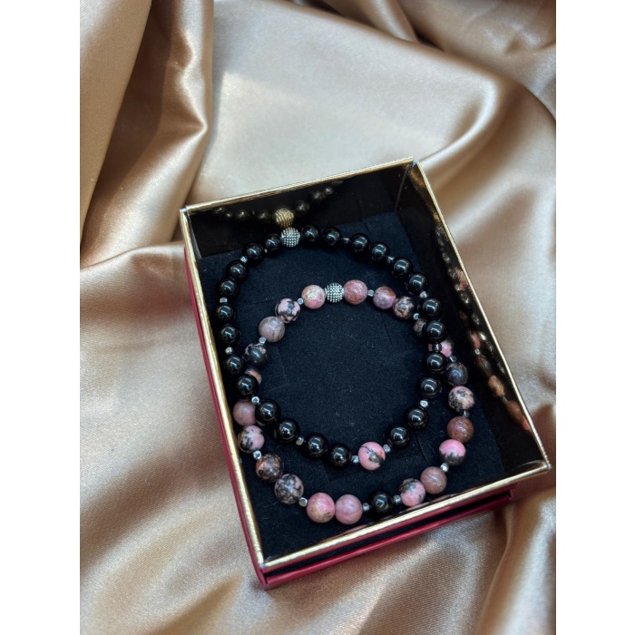 Rodonit ve Oniks Doğaltaş Çift Bileklik