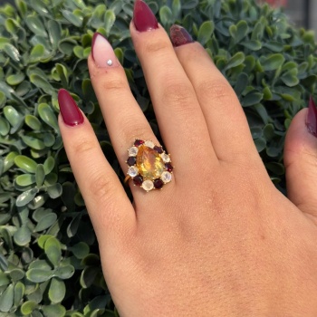 Ay Taşı, Sitrin ve Garnet 925 Ayar Gümüş Yüzük