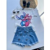 Stitch Baskılı Tişört ve Nakışlı Kot Şort Takım