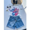 Stitch Baskılı Tişört ve Nakışlı Kot Şort Takım