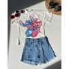 Stitch Baskılı Tişört ve Nakışlı Kot Şort Takım