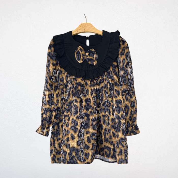 Leopar Desenli Fırfırlı Kız Çocuk Elbise – Siyah/Kahverengi