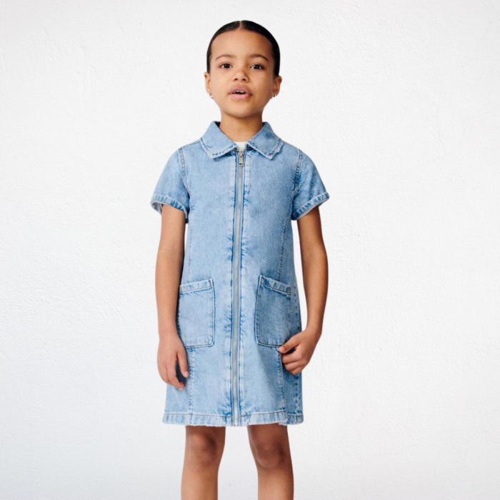 Fermuarlı Kısa Kollu Denim Elbise