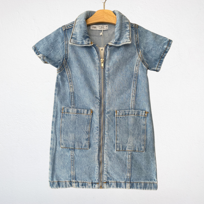 Fermuarlı Kısa Kollu Denim Elbise