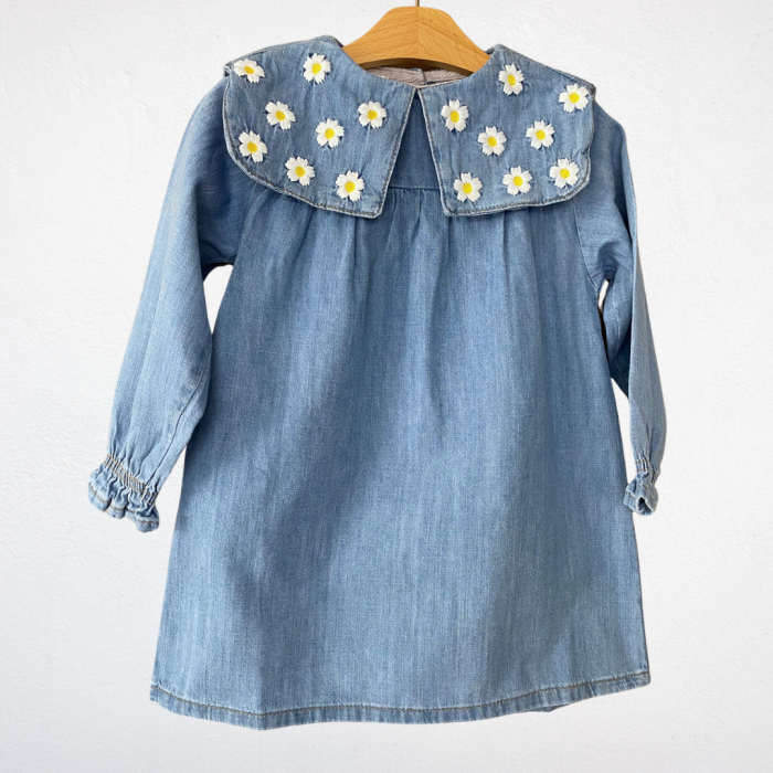 Papatya Nakışlı Denim Elbise