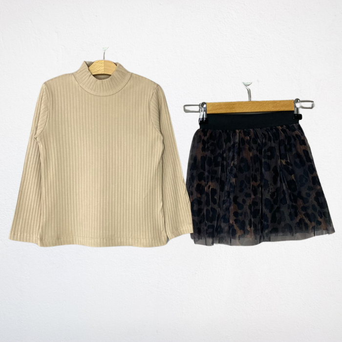 Bej Ribana Bluz ve Leopar Tül Etek Takımı