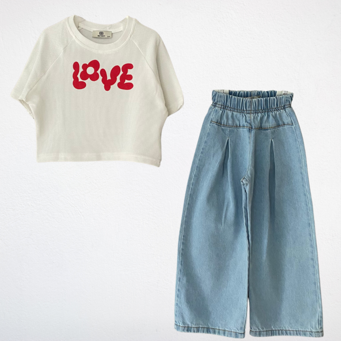 LOVE Baskılı Tişört ve Kot Pantolon Takımı