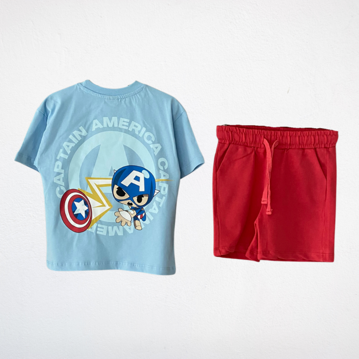 Captain America Baskılı Tişört ve Kırmızı Şort Takımı