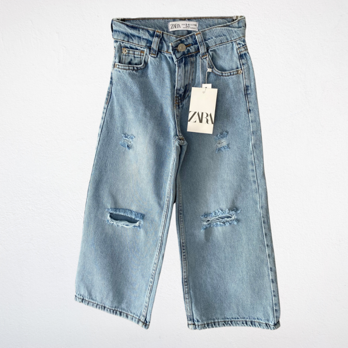 Yırtık Detaylı Bol Paça Kız Çocuk Jean – Açık Mavi