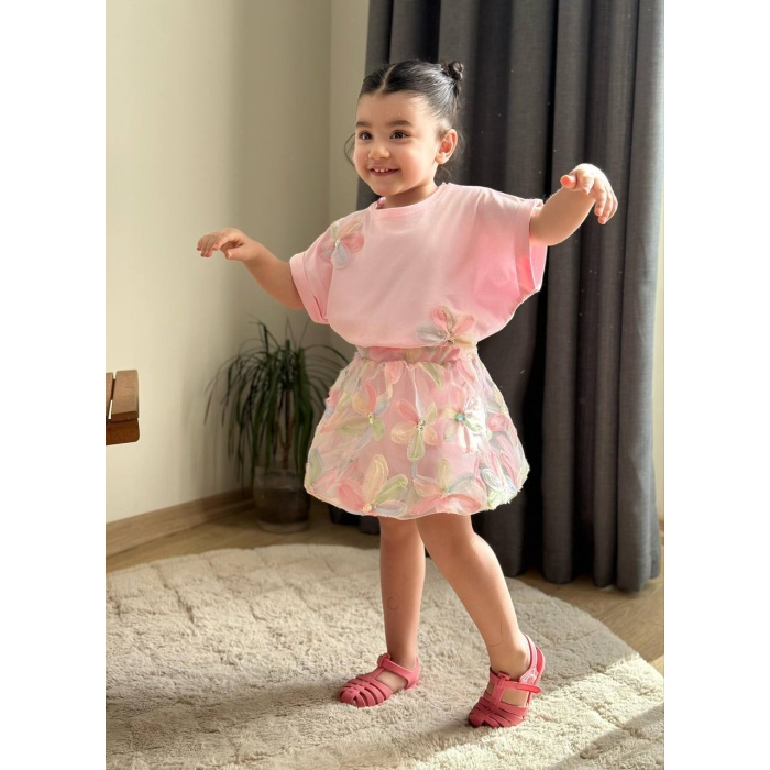 Çiçek Aplikeli Pembe Tişört ve Tül Etek Takımı