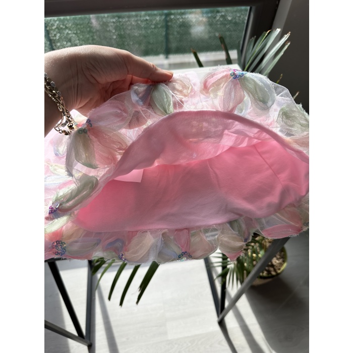 Çiçek Aplikeli Pembe Tişört ve Tül Etek Takımı