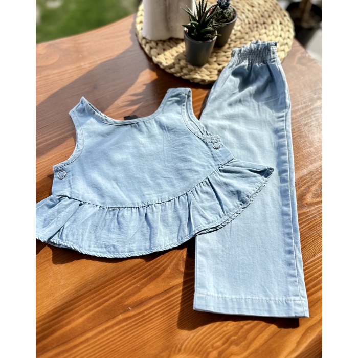 Mavi Denim Volanlı Bluz ve Pantolon Takımı