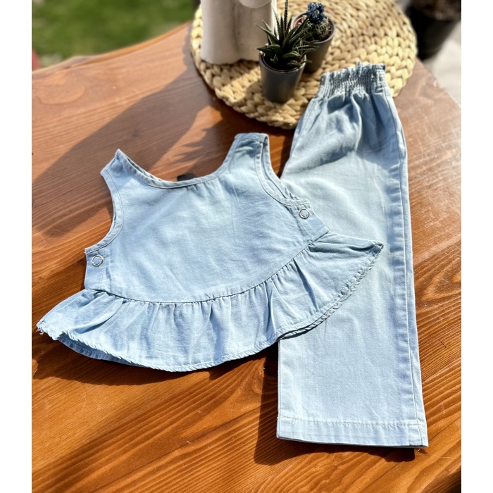 Mavi Denim Volanlı Bluz ve Pantolon Takımı