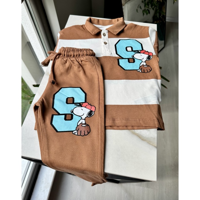 Çizgili Polo Yaka Snoppy Baskılı Kahverengi Takım