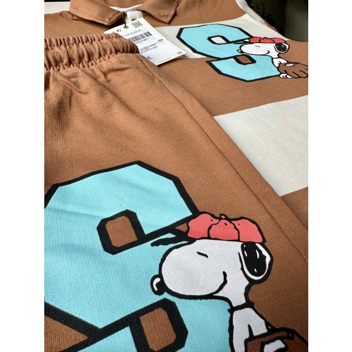 Çizgili Polo Yaka Snoppy Baskılı Kahverengi Takım
