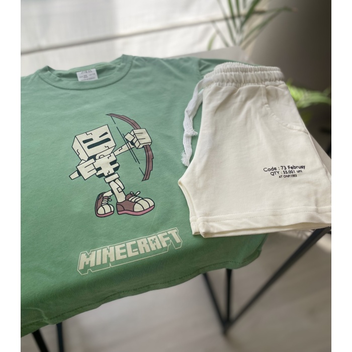 Minecraft Baskılı Yeşil Tişört ve Ekru Şort 2li Takımı