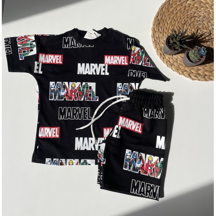 Marvel Baskılı Çocuk Tişört & Şort Takım – Siyah