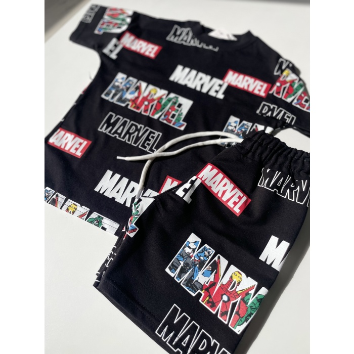 Marvel Baskılı Çocuk Tişört & Şort Takım – Siyah
